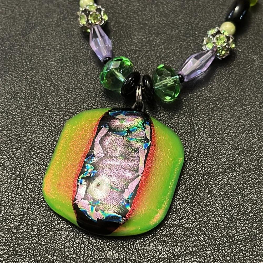 Dichroic Glass Pendant & Glass Beads Shepherd Hook Necklace